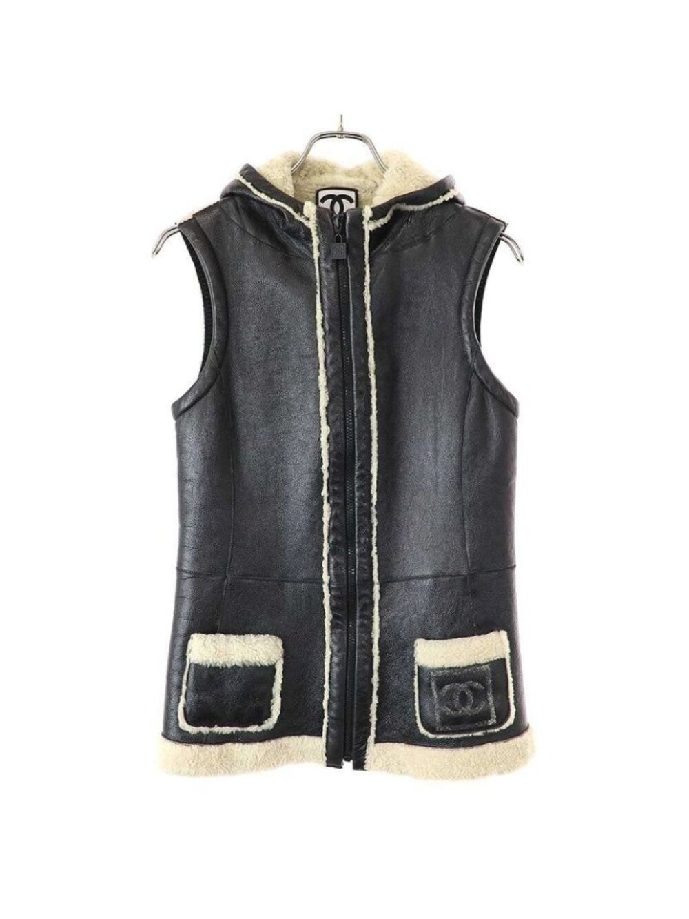 Chanel 2008 AW Sport Line Sher Ring Mouton Hooded Vest Black 38